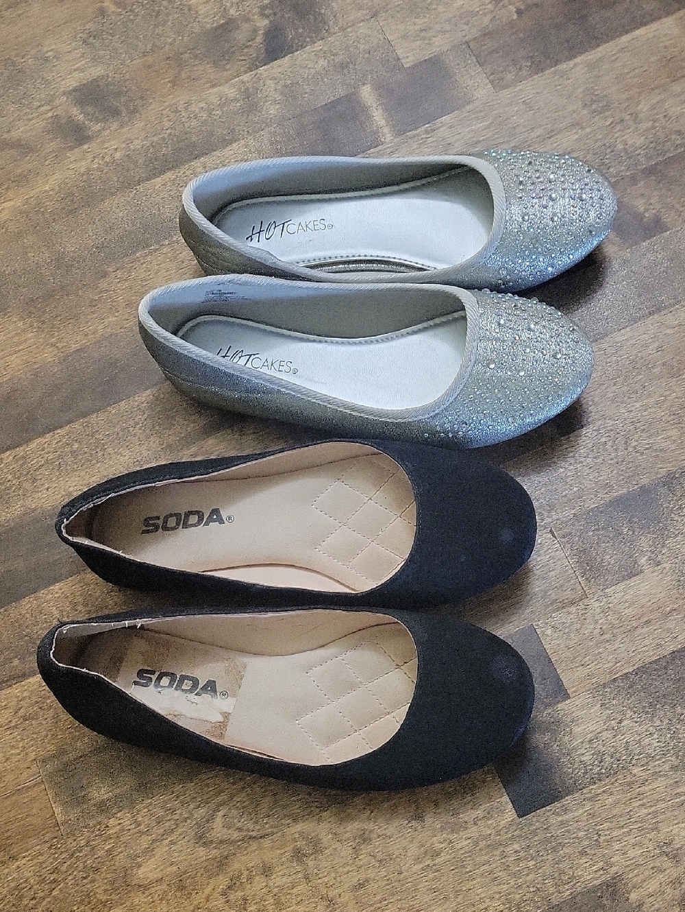 Hot Cakes Silver Glitter & Soda Black Ballet Flats Size 1. Two Pairs For 1 Price